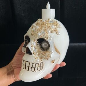 Decorative White and Gold Skull Candle Holder